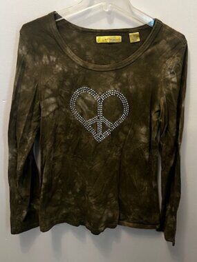 Women's Weatherproof long sleeve Top, Green tie dye w/bling heart, Sz L, Ex Con